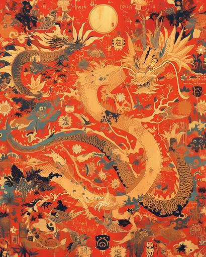 a light red and gold silk scarf with an abstract loong dragon pattern on it, in the style of victor moscoso, celebration of rural life, denis sarazhin, lithograph, jim woodring, birds & flowers, enchanting realms --ar 4:5 --niji 6 --s 50