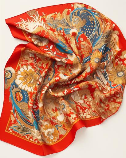 a light red and gold silk scarf with an abstract loong dragon pattern on it, in the style of victor moscoso, celebration of rural life, denis sarazhin, lithograph, jim woodring, birds & flowers, enchanting realms --ar 4:5 --niji 6 --s 50