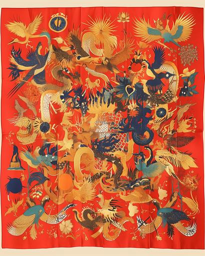 a light red and gold silk scarf with an abstract loong dragon pattern on it, in the style of victor moscoso, celebration of rural life, denis sarazhin, lithograph, jim woodring, birds & flowers, enchanting realms --ar 4:5 --niji 6 --s 50