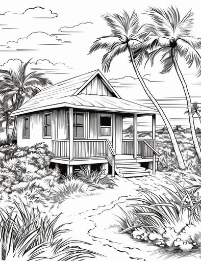 a line drawing of [a beach house : A cozy little a beach house Surrounded by vegetation.], black and white line work, white background, clean coloring book page, No dither, no gradient, strong outline, No fill, No solids, vector illustration, 8k --ar 17:22 --v 5.1 --s 750 --style raw