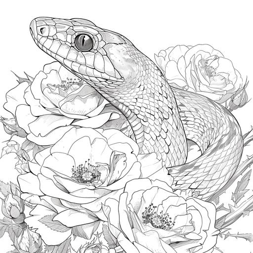 a line drawing of a snake curling around some dead roses for a coloring book