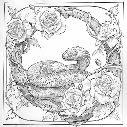 a line drawing of a snake curling around some dead roses for a coloring book