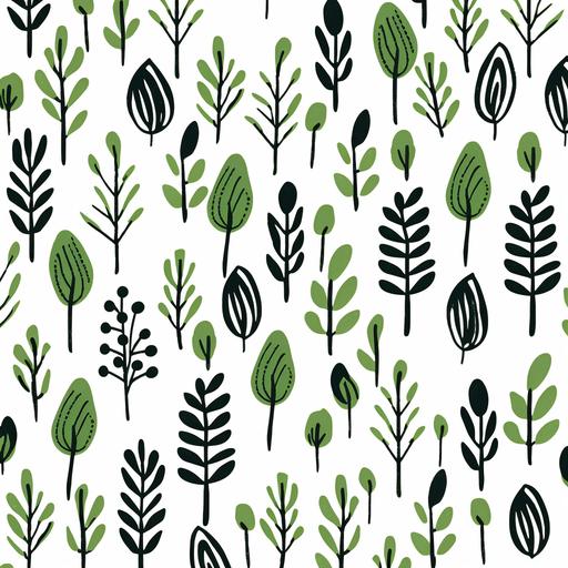 a linocut folk art style repeating wallpaper pattern of small green plants. Rough around the edges. Black plants on a White background.
