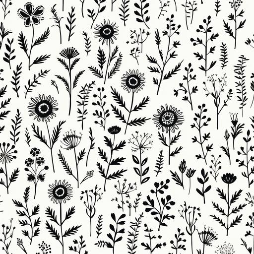 a linocut folk art style repeating wallpaper pattern of small dainty wildflowers, rough around the edges, black ink on a white background.