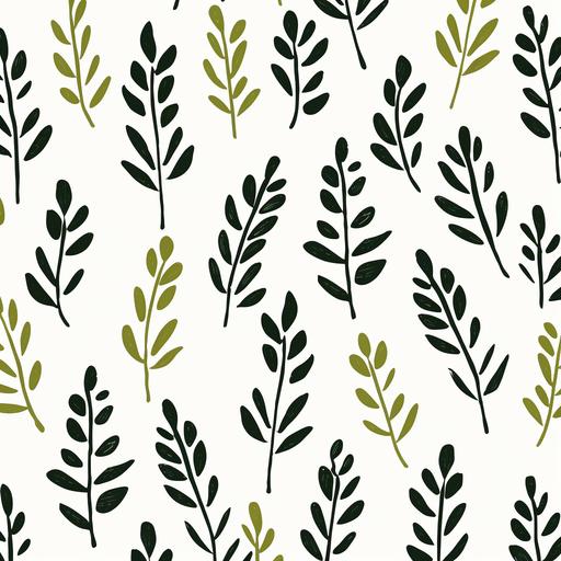 a linocut folk art style repeating wallpaper pattern of small green plants. Rough around the edges. Black plants on a White background.