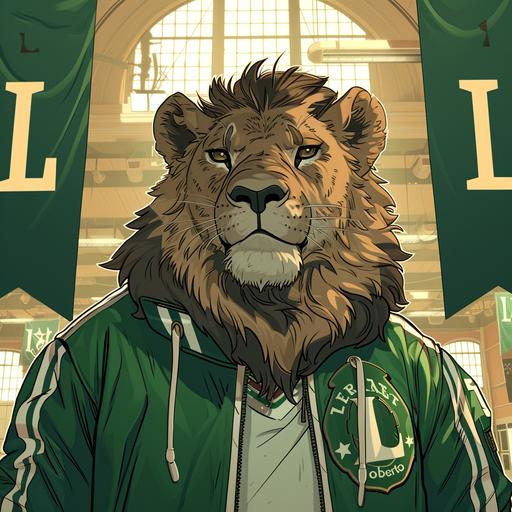 a lion in a green letterman jacket with an 