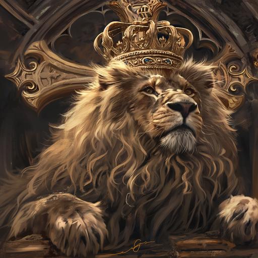 a lion with a large golden crown on his head, the lion is facing to the right, laid on top of a large gothic cross, photorealistic, intricate details. --v 6.0