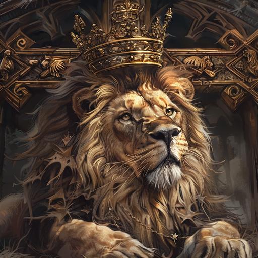 a lion with a large golden crown on his head, the lion is facing to the right, laid on top of a large gothic cross, photorealistic, intricate details. --v 6.0