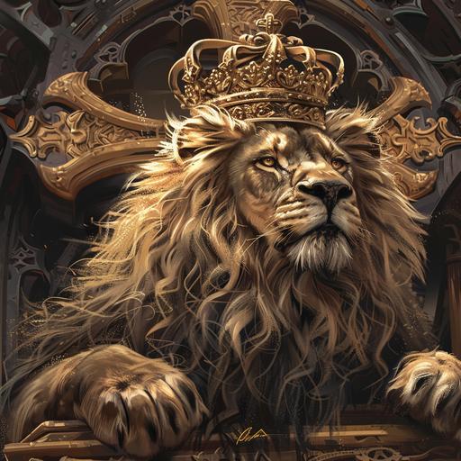 a lion with a large golden crown on his head, the lion is facing to the right, laid on top of a large gothic cross, photorealistic, intricate details.