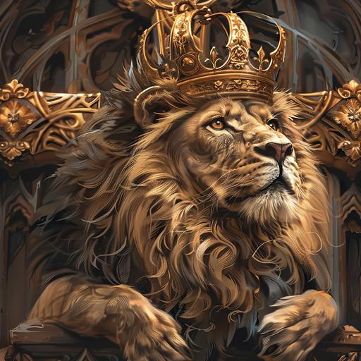 a lion with a large golden crown on his head, the lion is facing to the right, laid on top of a large gothic cross, photorealistic, intricate details. --v 6.0