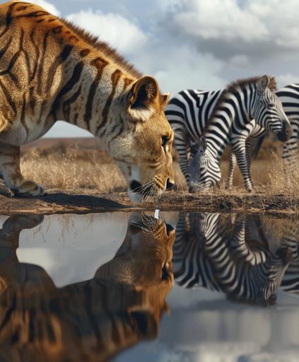 a lioness with zebra skin licking the surface of the water of a pond, a herd of zebra with lion fur can be seen in the arid African savannah, surreal and taken from the side --ar 167:201 --v 6.0