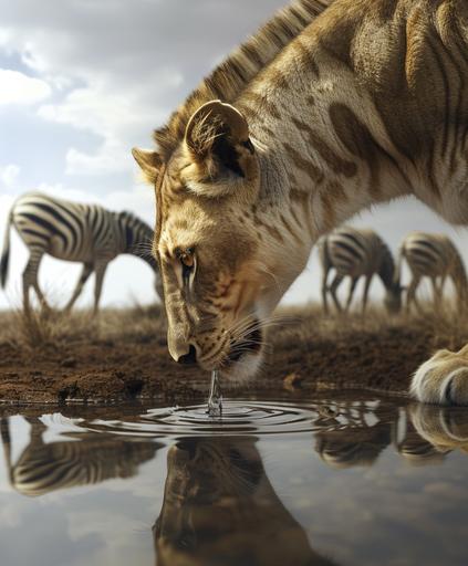 a lioness with zebra skin licking the surface of the water of a pond, a herd of zebra with lion fur can be seen in the arid African savannah, surreal and taken from the side --ar 167:201 --v 6.0