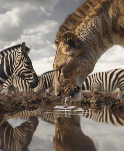 a lioness with zebra skin licking the surface of the water of a pond, a herd of zebra with lion fur can be seen in the arid African savannah, surreal and taken from the side --ar 167:201 --v 6.0