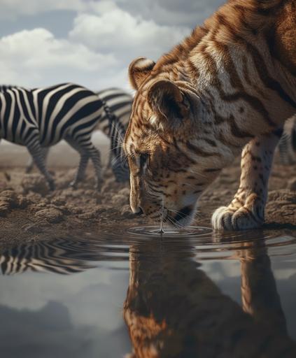 a lioness with zebra skin licking the surface of the water of a pond, a herd of zebra with lion fur can be seen in the arid African savannah, surreal and taken from the side --ar 167:201 --v 6.0