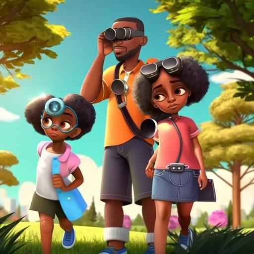 a little black girl with binoculars walking with her sister and dad, cartoon style, 4k, realistic, park background, sunny --v 4