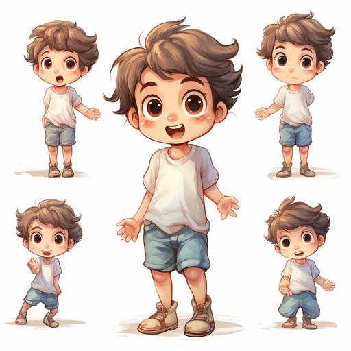a little boy character, multiple poses and expressions, slightly curly medium length brown hair, big brown eyes, blue pants and off-white t-shirt, children's book illustration, simple cartoon drawing with pastel colors, water colored style,--no outline