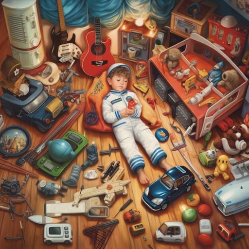 a little boy laying on a bed with toys on the floor including a rocket ship, a cowyboy, a police officer, a scientist costume, a microphone and guitar, a fireman hat and fire truck, a racecar, a doctor kit, building blocks, a football, and books
