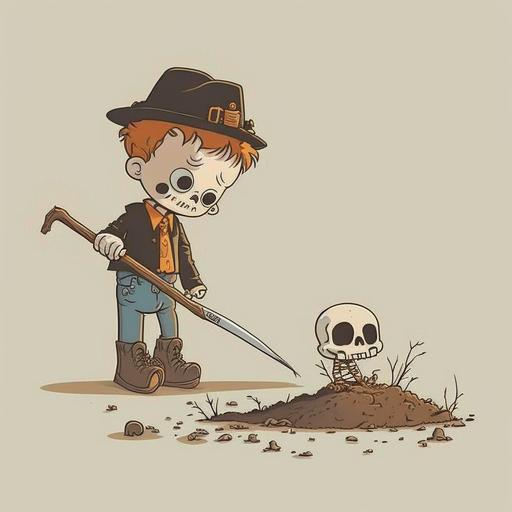 a little boy with a stick poked a dead man's body, cartoon, humor