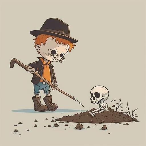 a little boy with a stick poked a dead man's body, cartoon, humor