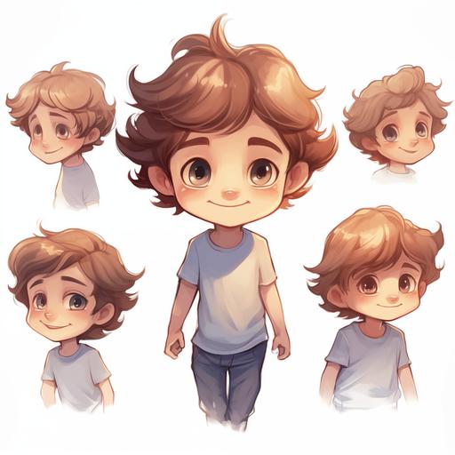 a little boy with slightly curly medium length brown hair, big brown eyes, blue pants and off-white t-shirt, multiple poses and expressions ,children's book illustration, simple cartoon drawing with pastel colors, water colored style