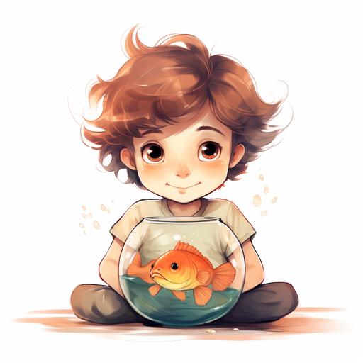 a little boy with slightly curly medium length brown hair, big brown eyes, with a gold fish bowl ,simple cartoon drawing with pastel colors, water colored style