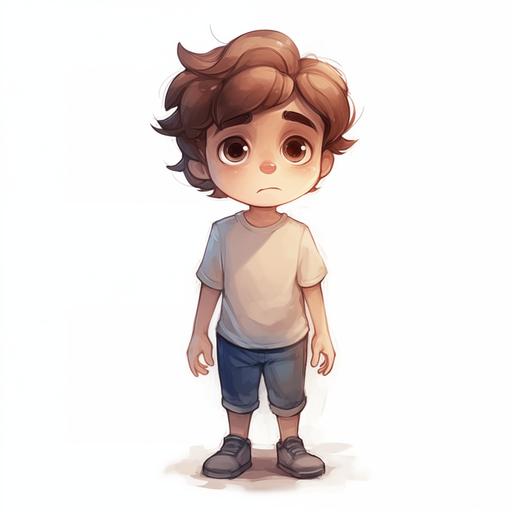 a little boy with slightly curly medium length brown hair, big brown eyes, blue pants and off-white t-shirt, sad and embarrassed ,children's book illustration, simple cartoon drawing with pastel colors, water colored style