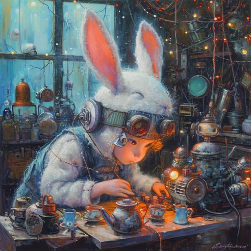 a little bunny in an art studio, in the style of cyberpunk futurism, tsubasa nakai, victor nizovtsev, nostalgic charm, tooth wu, high detailed, everyday life depiction . Here is the image of a cute punk wearing a fluffy rabbit headgear, working on an engine. The setting includes various adorable items like teapots, cups, bowls, and room decorations, with a background of bright, twinkling lights. --v 6.0 --c 3 --style raw