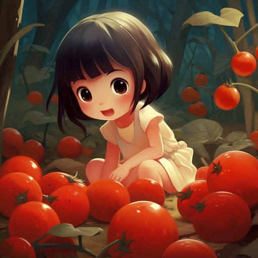 a little cartoon girl picking tomatoes