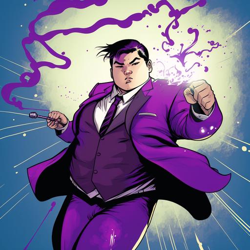 a little chubby asian male teen dressing in purple suit and holding a magic stick with purple magic mist scattering, floating on air with crossing legs, office as background, kind and earnest looking, superhero comic book style.