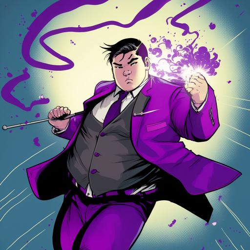 a little chubby asian male teen dressing in purple suit and holding a magic stick with purple magic mist scattering, floating on air with crossing legs, office as background, kind and earnest looking, superhero comic book style.