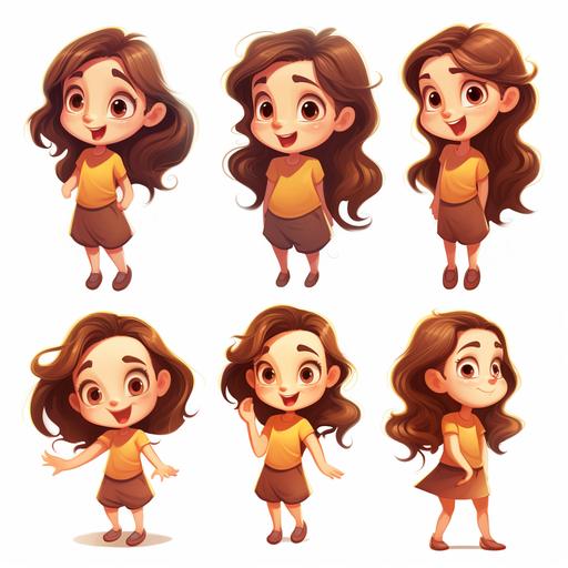 a little girl, clip art style, childrens book illustration, simple, different poses, different emotions