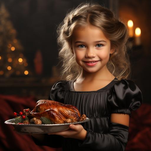 a little girl in an elegant dress carries a large roast turkey on a platter, an image of a girl in profile, Christmas --s 750 --uplight