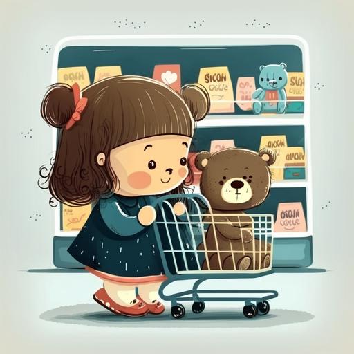 a little girl in an shopping center. The bear is sitting on the shopping cart. Cartoon style for a childbook