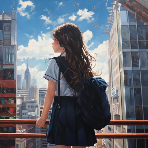 a little girl in school uniform with her back to her, in front of her is a tall building, painting version