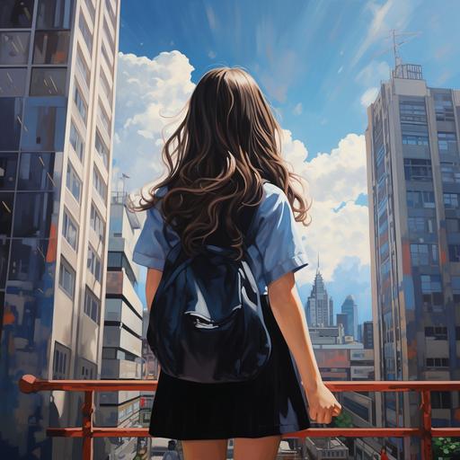 a little girl in school uniform with her back to her, in front of her is a tall building, painting version