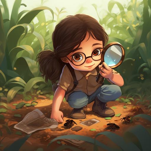 a little girl kneeling in the grass, looking at ants through magnifying glass   cartoon for a kids book