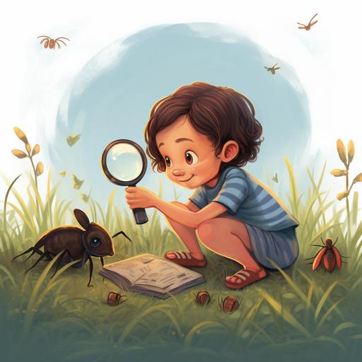 a little girl kneeling in the grass, looking at ants through magnifying glass   cartoon for a kids book