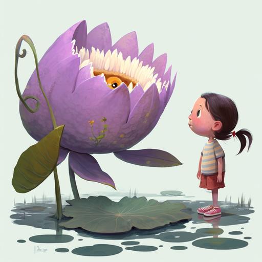 a little girl standing next to a pound talking to a purple water lilly. Children illustration style