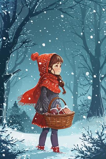 a little girl with brown hair and a red hood, standing in a winter forest, a brown basket with wine and cake in her hand, she is wearing an ugly sweater, peaceful winter night with snowflakes, niji cartoon style --ar 2:3 --v 6.0