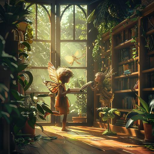 a little kid with a open book staring at a fairy that came out of the book, on the left a little kid and on the right a fairy, in a nature library aisle with plants and trees around. set the vibes to be cozy and warm