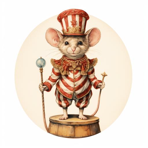 a little mouse wearing circus clothes standing on a circus ball. is a vintage drawing similar to those vintage circus banners