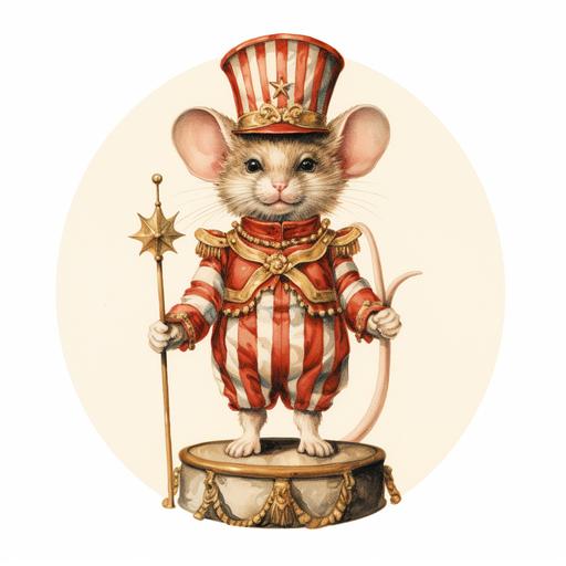 a little mouse wearing circus clothes standing on a circus ball. is a vintage drawing similar to those vintage circus banners