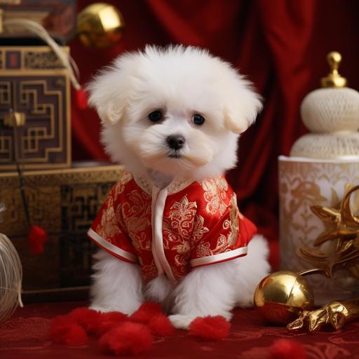 a little white pomapoo puppy wearing a Chinese new years themed shirt.