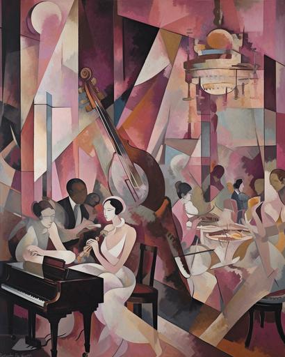 a lively Paris jazz club in the 1930s, high society magazine, pablo picasso aesthetic, oil paint, cubism, china white canvas, pink lavender complimentary color palette --ar 4:5 --q 2 --v 5 --s 750