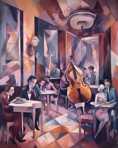 a lively Paris jazz club in the 1930s, high society magazine, pablo picasso aesthetic, oil paint, cubism, china white canvas, pink lavender complimentary color palette --ar 4:5 --q 2 --v 5 --s 750