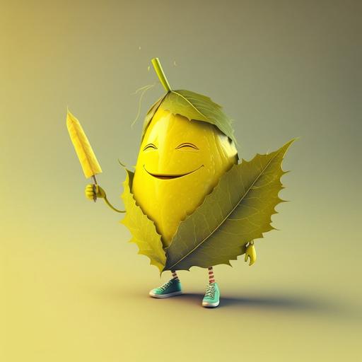 a living lemon smoking a cigaret, wearing a leaf suit, smiling, yellow, relaxed