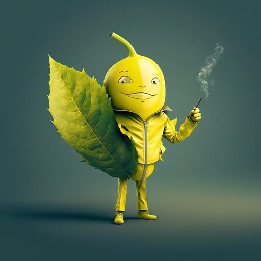a living lemon smoking a cigaret, wearing a leaf suit, smiling, yellow, relaxed