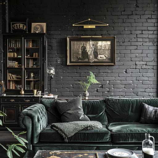 a living room with a dark gray brick wall, a dark green velvet sofa, a slight touch of gold decor and a cabinet of curiosities and colonial style --v 6.0