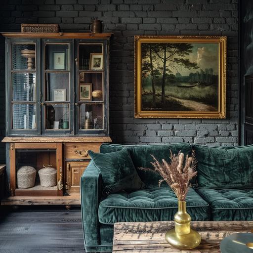a living room with a dark gray brick wall, a dark green velvet sofa, a slight touch of gold decor and a cabinet of curiosities and colonial style