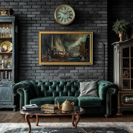 a living room with a dark gray brick wall, a dark green velvet sofa, a slight touch of gold decor and a cabinet of curiosities and colonial style --v 6.0